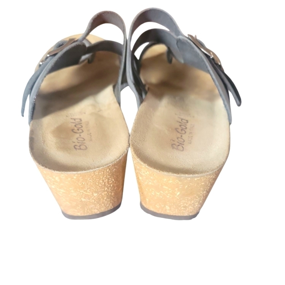 Bio-Gold Women's Gray Leather Cork Wedge Made In Italy Sandals SZ 9 - Picture 4 of 9